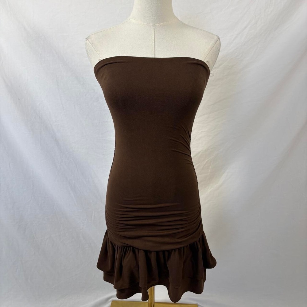 Windsor brown strapless mini bodycon dress ruffle size xs y2k fairy dark vtg